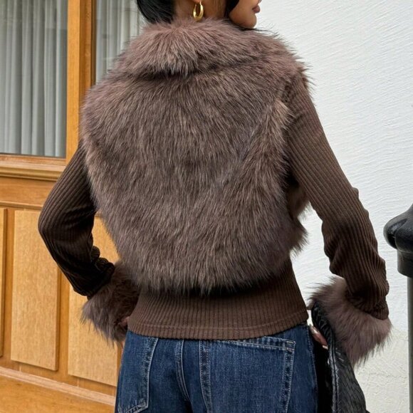 Brown Casual Women's Faux Fur Zipper Long Sleeve sweater top - Picture 2 of 6